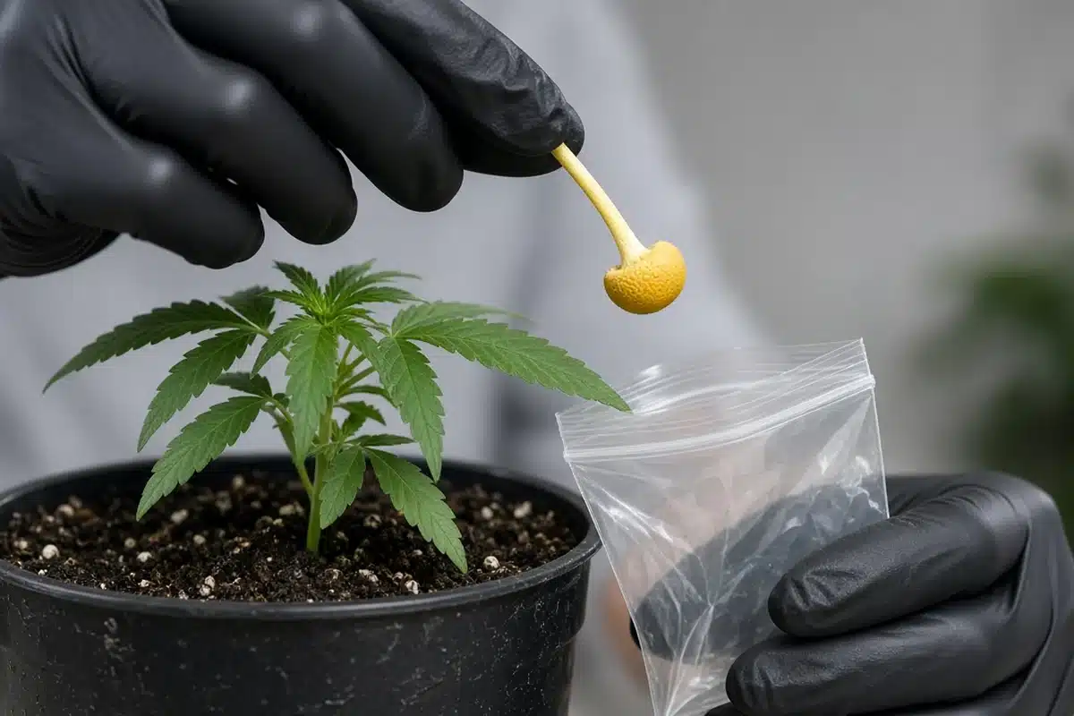 Gloved hand removing a mushroom from a plant pot and placing it in a bag