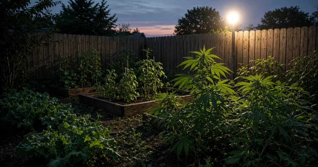 Light pollution and plants: a streetlight beyond a fence casting light over a backyard garden at dusk
