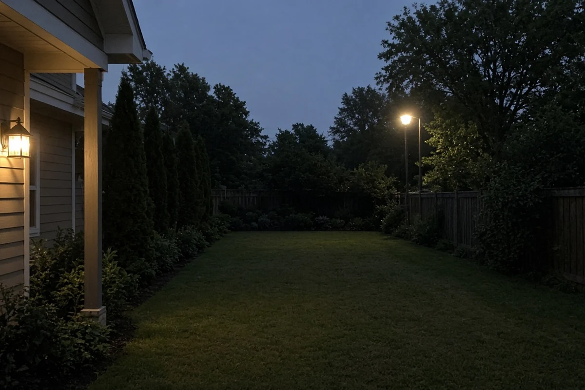 Garden bed placed at the dark end of a yard, away from porch and street lights