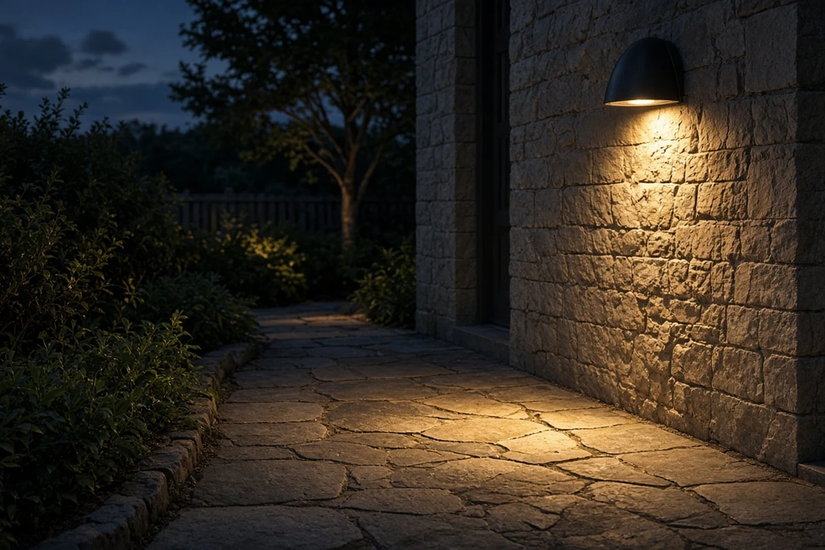 Shielded outdoor wall light aiming its light down onto a path