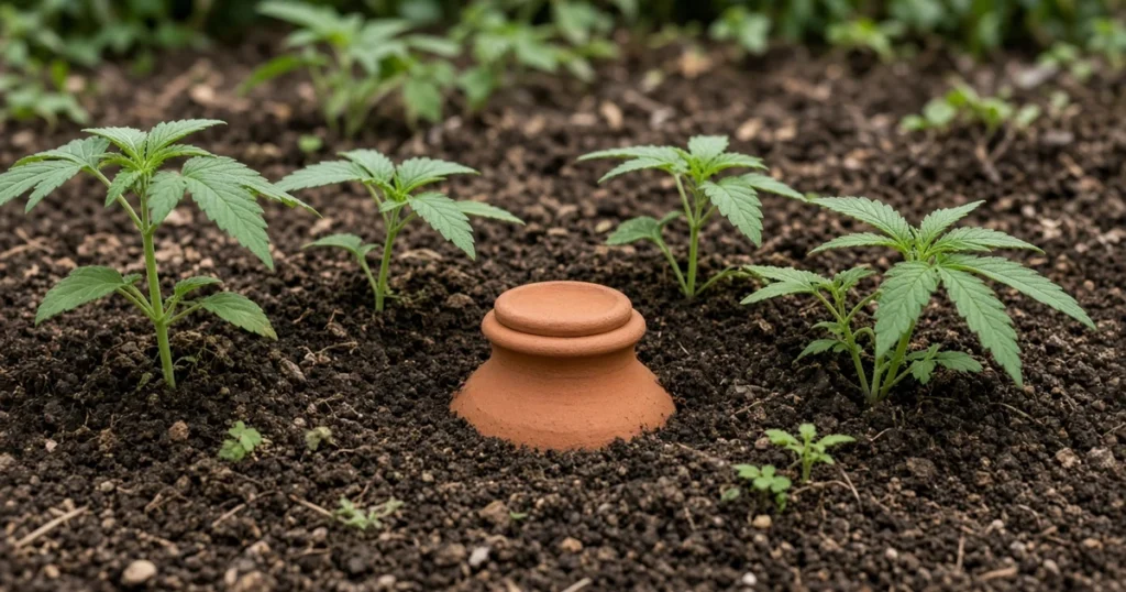 Olla irrigation: a buried clay pot with its covered neck showing among young plants