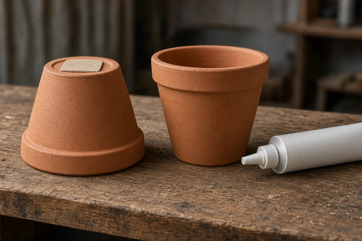 Two terracotta pots on a bench, one with its drain hole sealed with a small tile