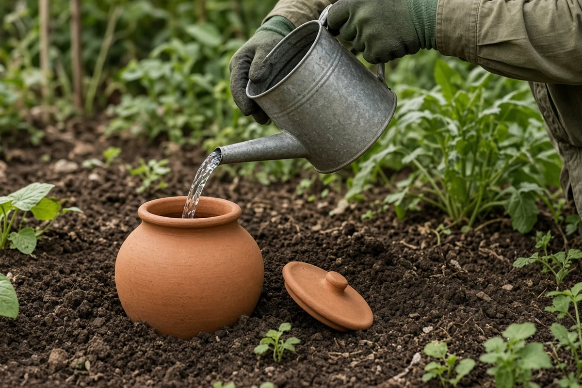 Gardener filling a buried clay olla from a watering can