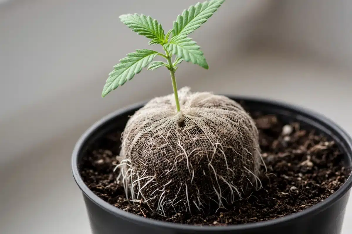 Cannabis seedling with white roots poking through a peat pellet net being set whole into a small pot