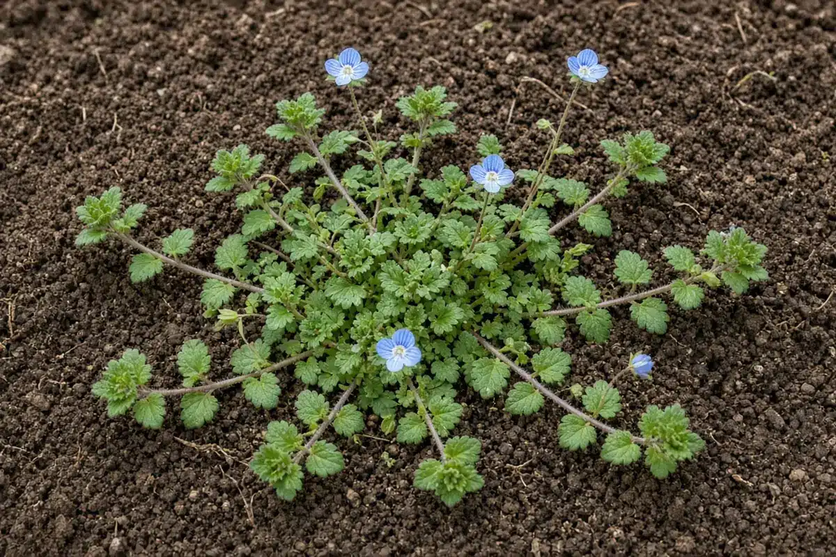 Persian speedwell creeping stems with toothed leaves and blue flowers on soil