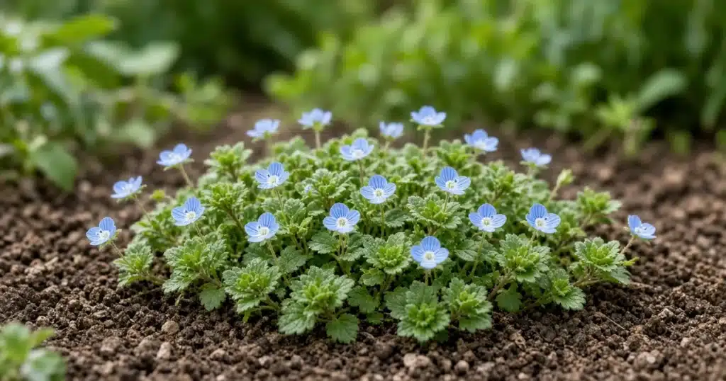 Persian speedwell mat with small sky-blue flowers in a garden bed