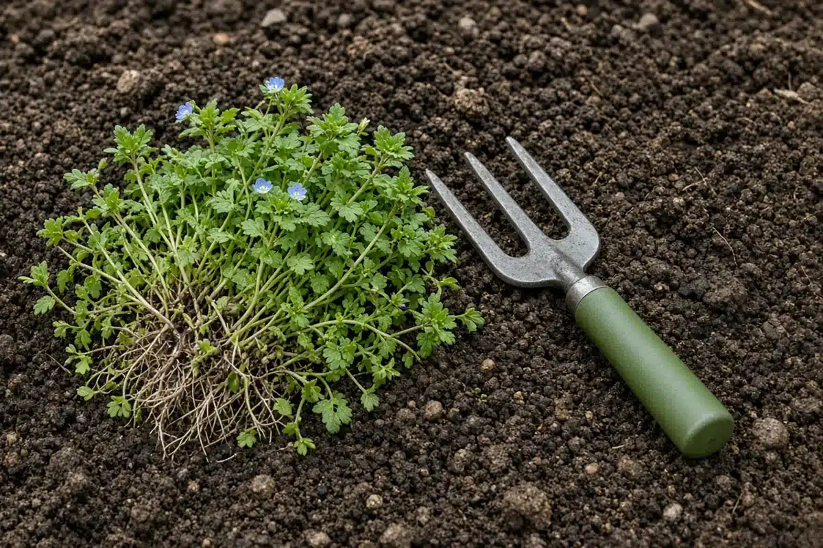 Pulled mat of Persian speedwell with blue flowers beside a green-handled weeding fork