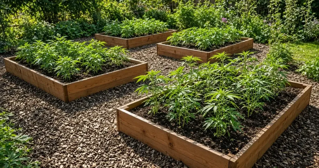 Garden layout planning: raised beds of young cannabis plants with wide mulched paths