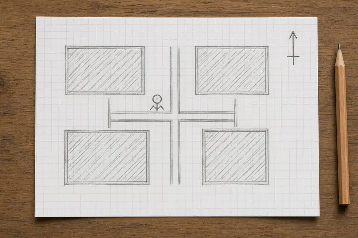 Hand-drawn garden map on graph paper showing beds, paths and a north arrow