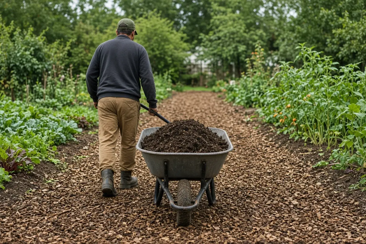 Wheelbarrow on a wide wood chip path between garden beds