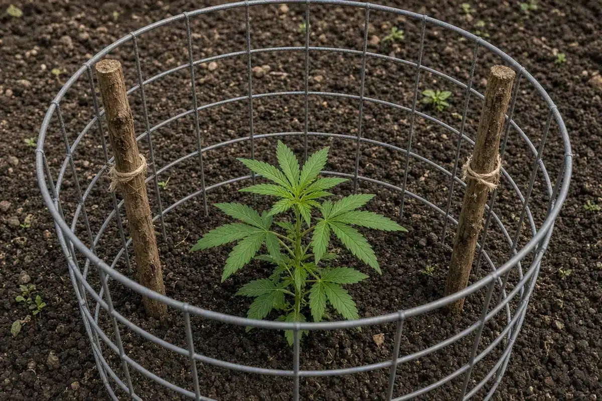 Wire plant cage anchored with two posts on opposite sides inside the cage