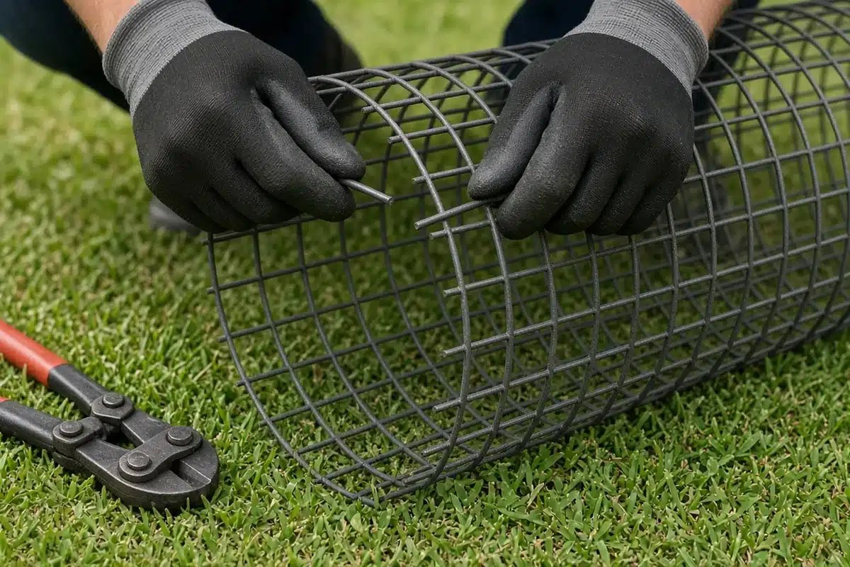 Gloved hands joining cut wire mesh into a cylinder to make a plant cage