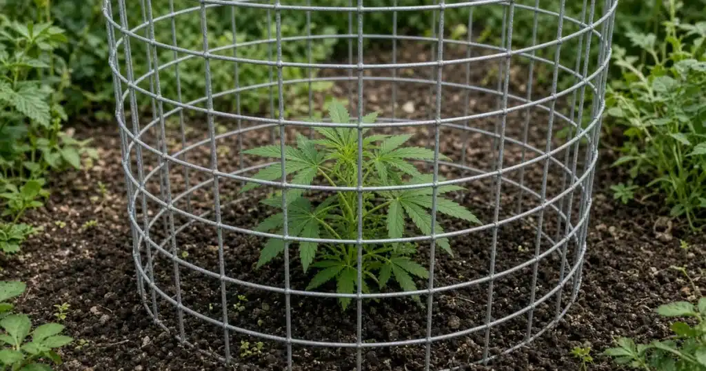 Plant cages for garden cannabis: a young plant inside a tall wire mesh cage