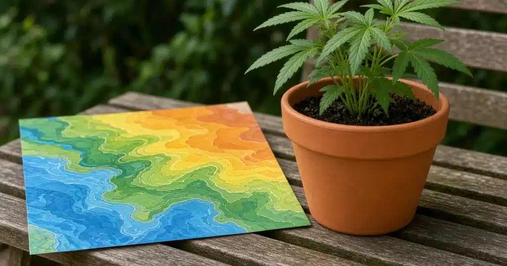Plant hardiness zones: a colored zone map beside a young potted cannabis plant