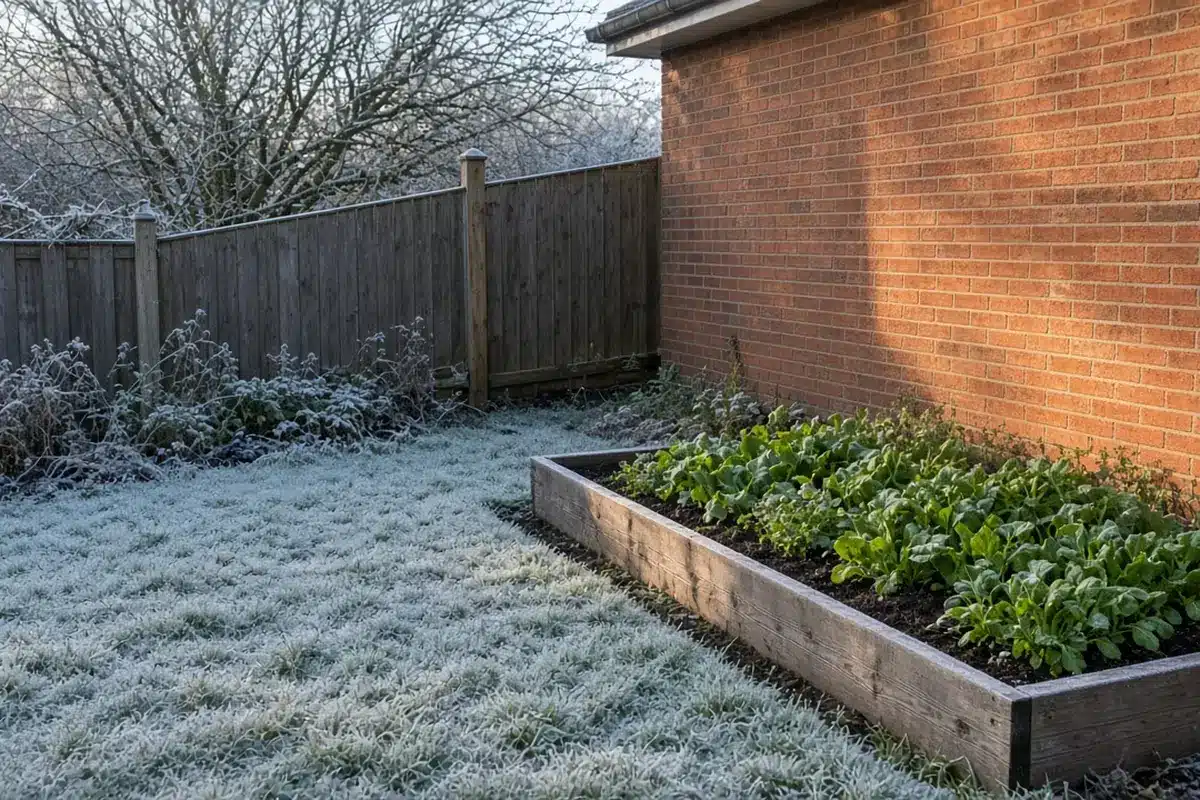 Frost settled in a low corner of a yard while a bed near a sunny wall stays clear