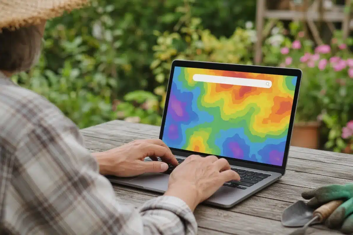 Gardener searching a hardiness zone map by ZIP code on a laptop