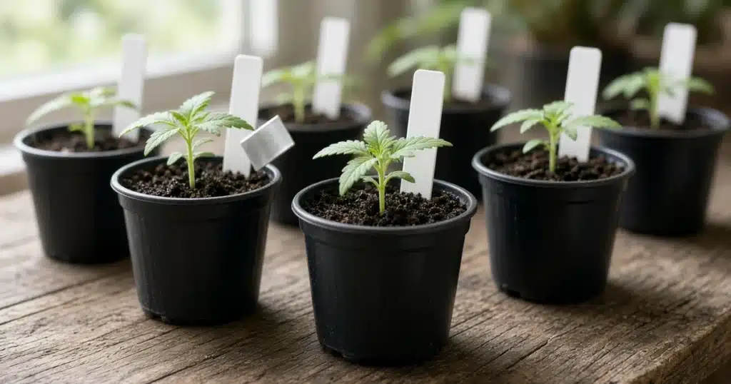 Cannabis seedlings in black pots with white plant stakes and an aluminum tag on a wooden bench near a window