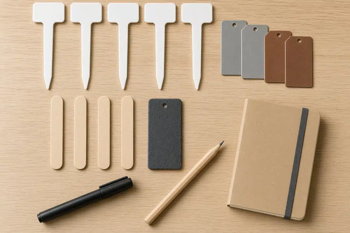 Flat lay of plant labels: straight white plastic stakes, aluminum and copper tags, craft sticks, a slate tag, a pencil, a marker and a notebook