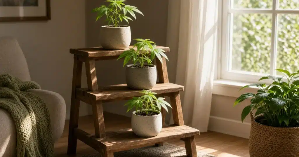 Three tier wooden plant stand beside a sunny living room window, holding a young cannabis plant in a stone colored pot on each step