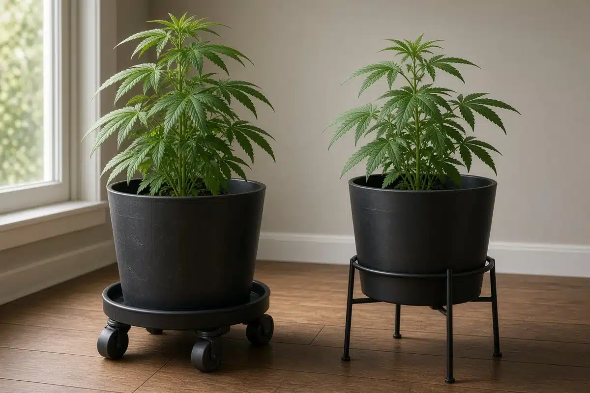 Cannabis plant in a black pot on a rolling caddy with casters next to another on a black metal pot stand, on a wooden floor by a window