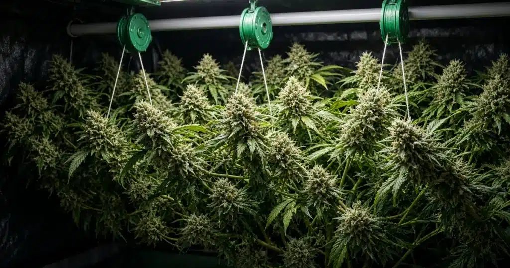 Green plant yoyo reels hanging from a grow tent crossbar with thin cords holding up heavy budding cannabis branches