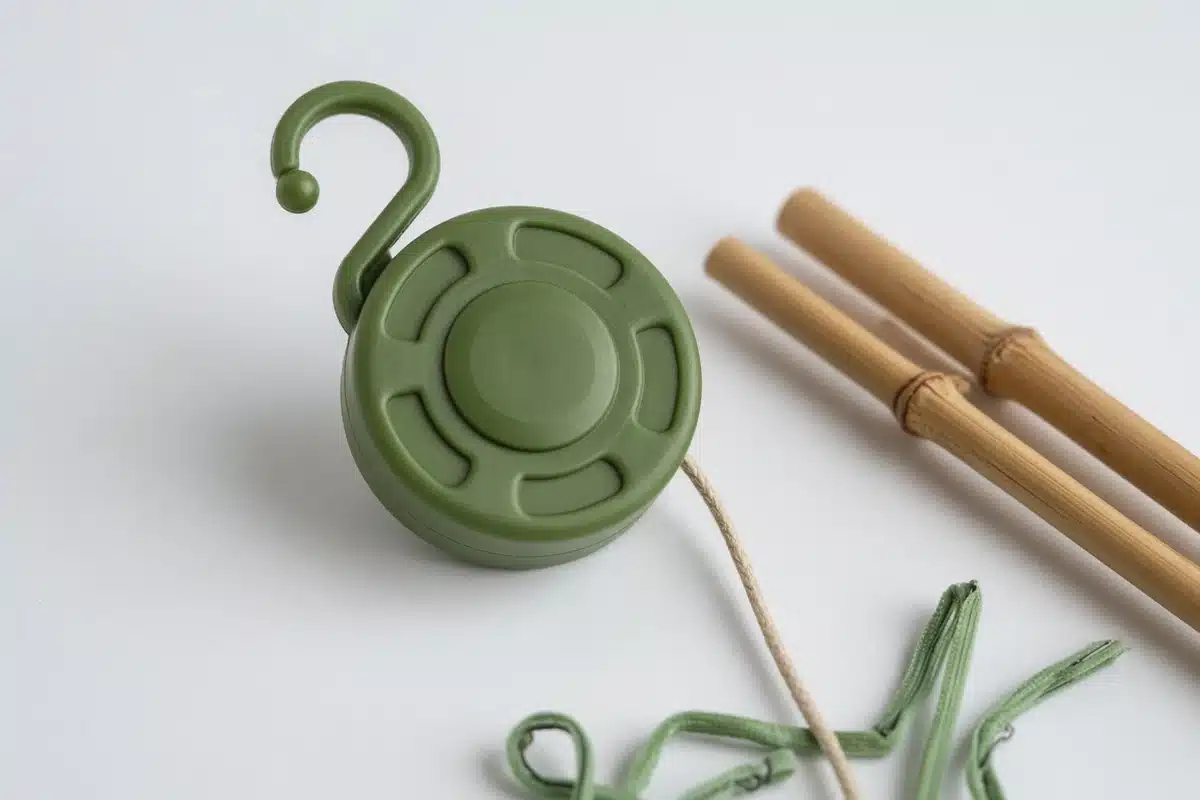 Single green plant yoyo reel with its hook and cord on a white surface beside bamboo stakes and soft plant ties