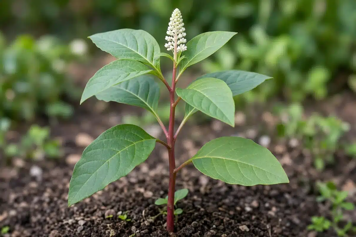 Young pokeweed with red stem, smooth oval leaves and a white flower spike