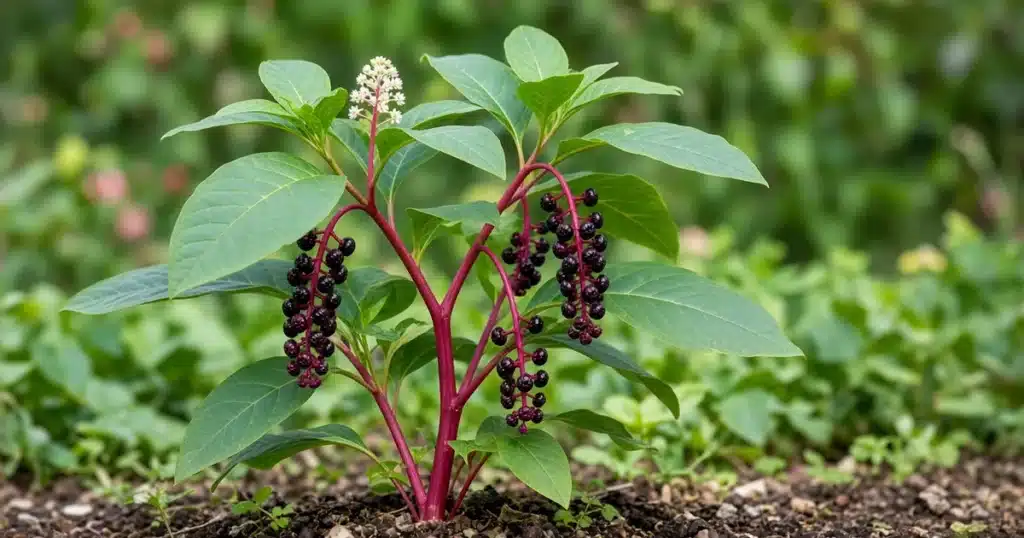 Pokeweed with red stems and dark berry clusters in a garden bed