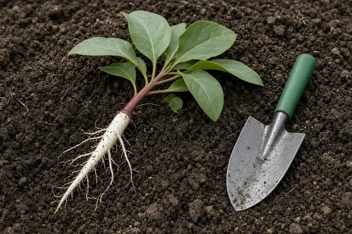 Pulled pokeweed with red stem and pale taproot beside a green-handled trowel