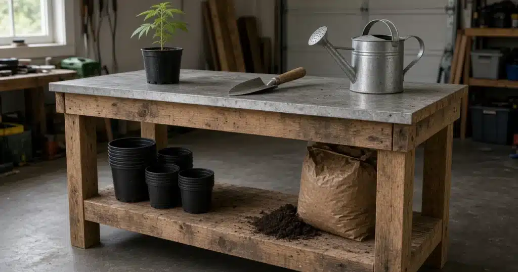 Rustic wooden potting bench with a metal top in a garage, holding a potted cannabis seedling, a trowel and a watering can, with stacked pots and a soil bag on the lower shelf