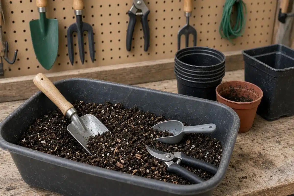Potting bench top with a black tub of potting mix holding a trowel, scoop and pruning snips, empty pots nearby and garden tools on a pegboard behind