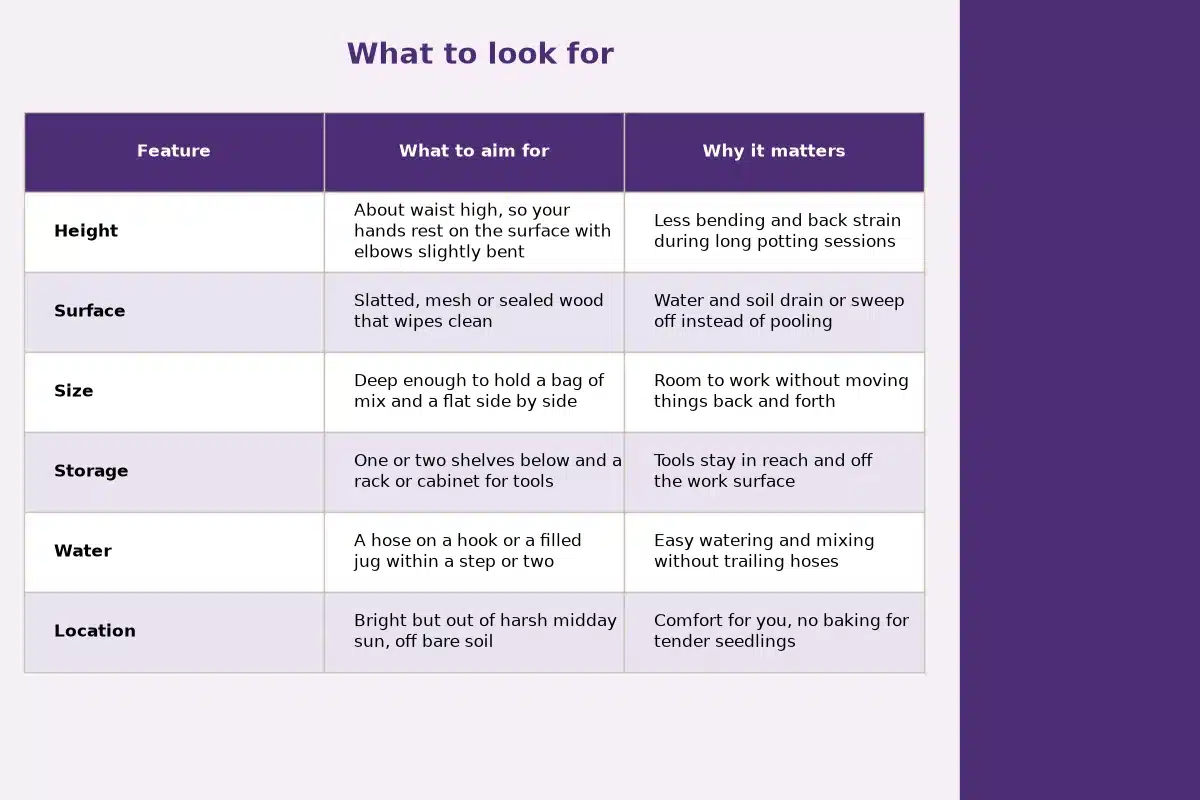 Table chart titled What to look for, comparing what to aim for, why it matters for each feature