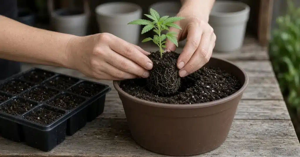 Potting up seedlings: moving a young cannabis start from a seed cell into a larger pot
