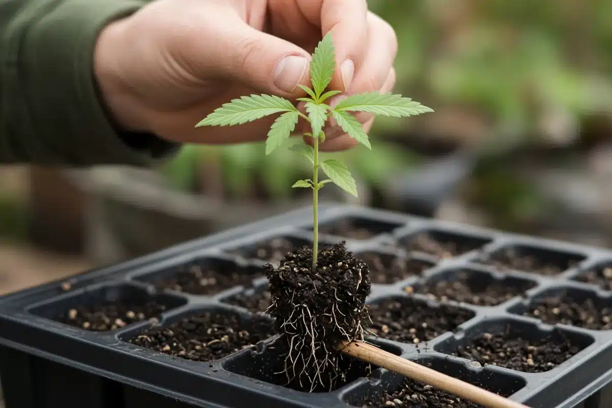 Gardener holding a seedling by its leaf while lifting it with a wooden stick
