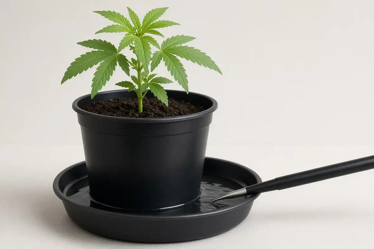 Meter testing runoff water in a saucer under a cannabis pot