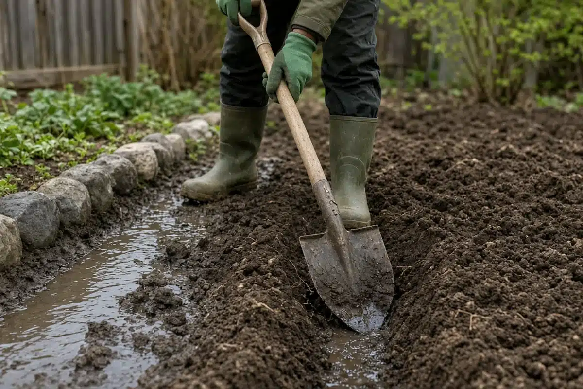 Gardener digging a shallow channel to drain standing water from a garden bed