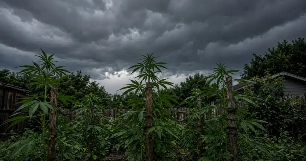 Preparing garden for storms: outdoor cannabis plants tied to supports under dark clouds