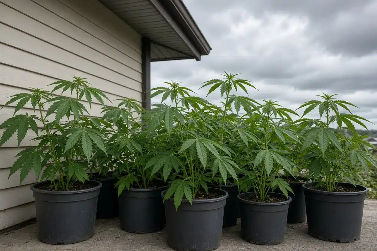Potted plants grouped against a sheltered wall before a storm