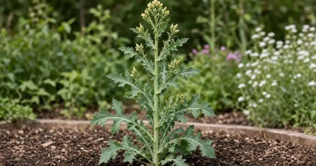 Tall prickly lettuce plant with small yellow flowers in a mulched garden bed