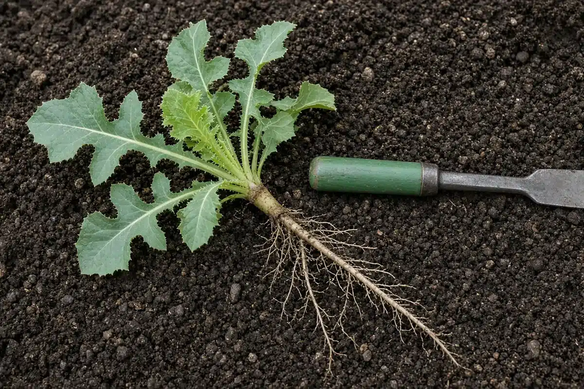 Pulled prickly lettuce with fibrous taproot beside a green-handled weeding knife on soil