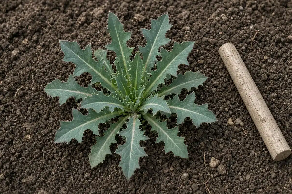 Prickly lettuce rosette of spiny lobed leaves on dark soil beside a wooden dowel