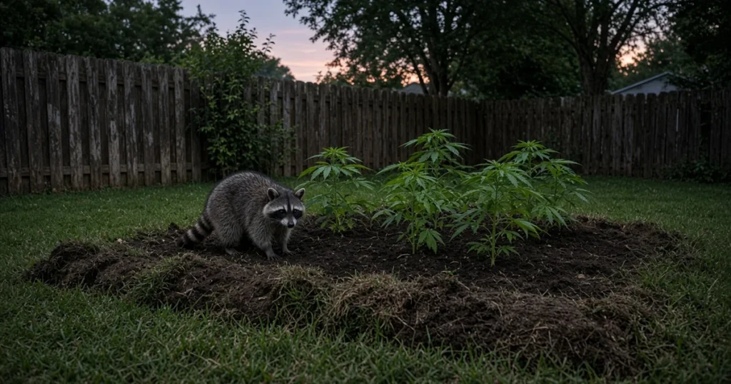 Raccoon at night beside a fenced backyard cannabis bed with rolled back sod nearby