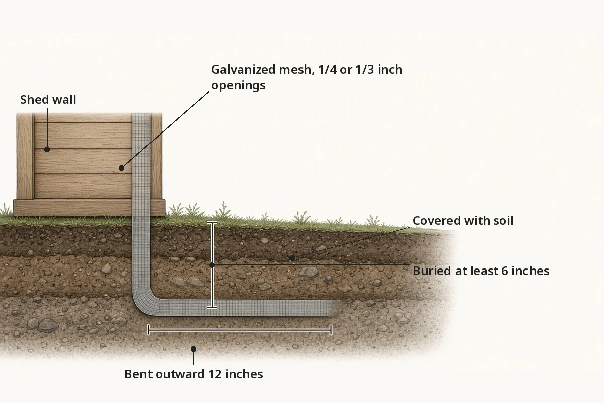 Side view of hardware mesh with 1/4 or 1/3 inch openings along the base of a shed, buried 6 inches deep and bent outward 12 inches under the soil