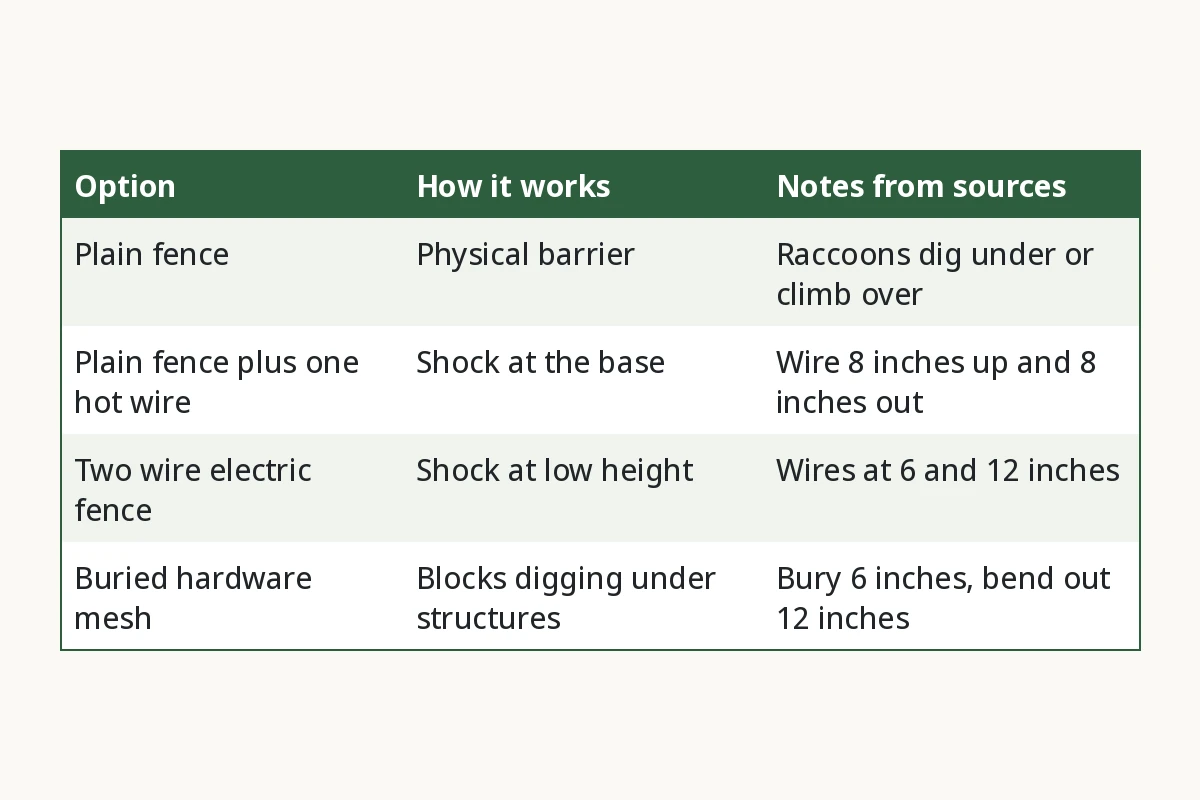 Raccoon Fence Options Compared. Option, How it works, Notes from sources. Plain fence, Physical barrier, Raccoons dig under or climb over. Plain fence plus one hot wire, Shock at the base, Wire 8 inches up and 8 inches out. Two wire electric fence, Shock at low height, Wires at 6 and 12 inches. Buried hardware mesh, Blocks digging under structures, Bury 6 inches, bend out 12 inches.
