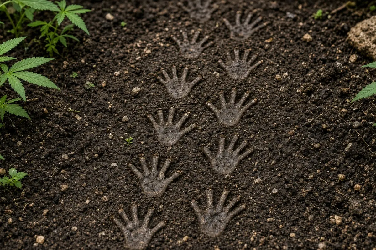 Raccoon front and hind footprints pressed into soft soil beside garden plants