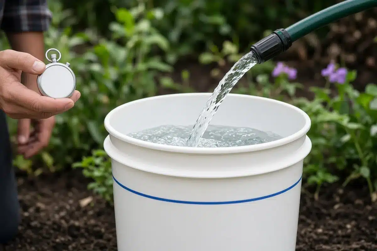Gardener timing a hose filling a marked five-gallon bucket