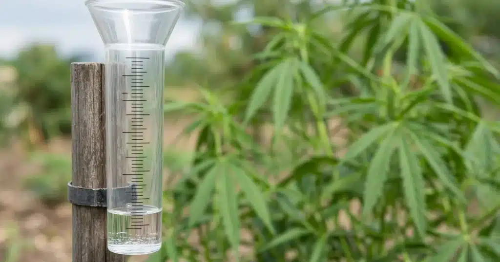 Rain gauge for garden: a clear tube gauge on a post beside outdoor cannabis plants