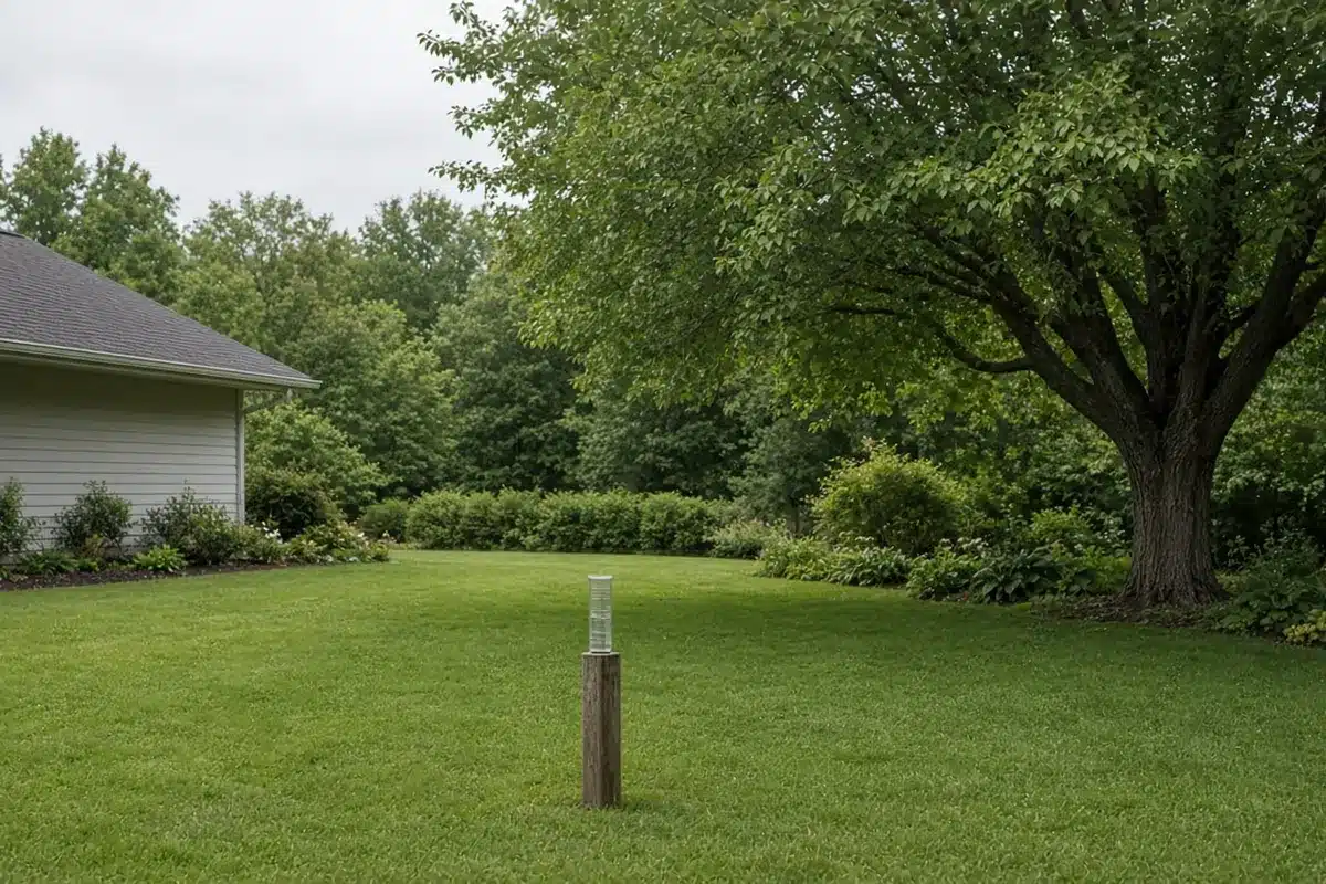Rain gauge placed in an open spot away from a house and trees