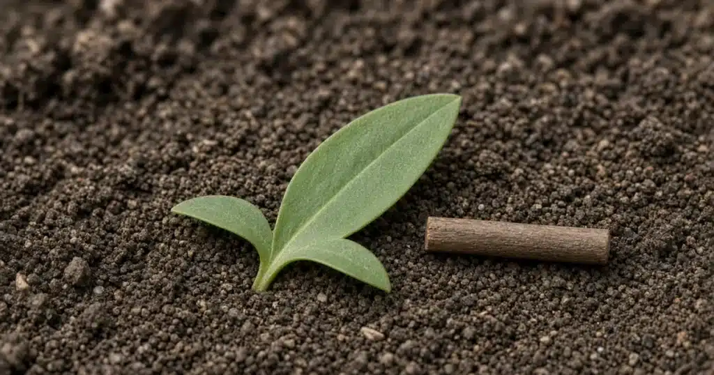 Red sorrel leaf with an arrowhead shape and two outward basal lobes beside a small wooden stick on soil