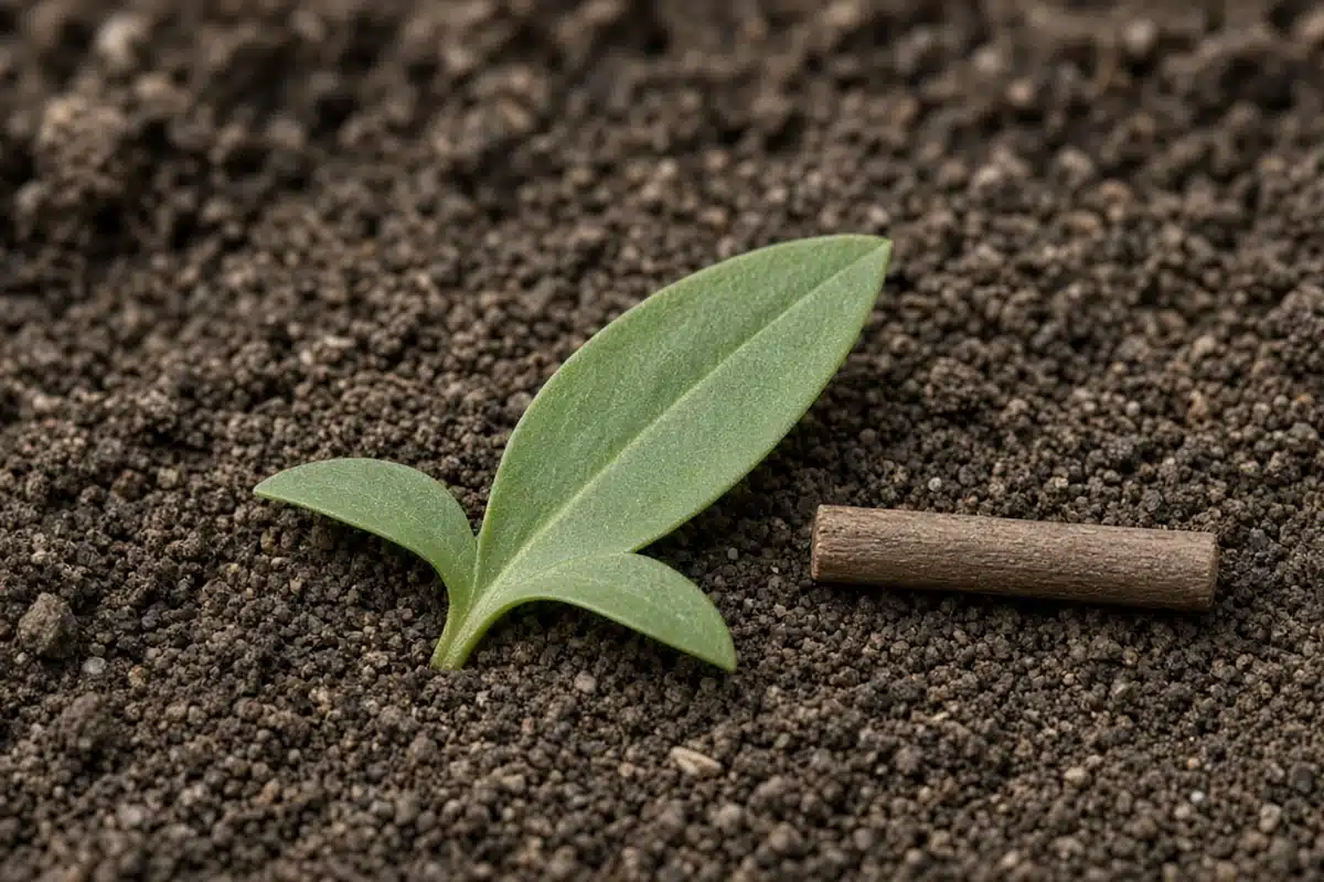 Red sorrel arrowhead-shaped leaf with two basal lobes beside a wooden dowel
